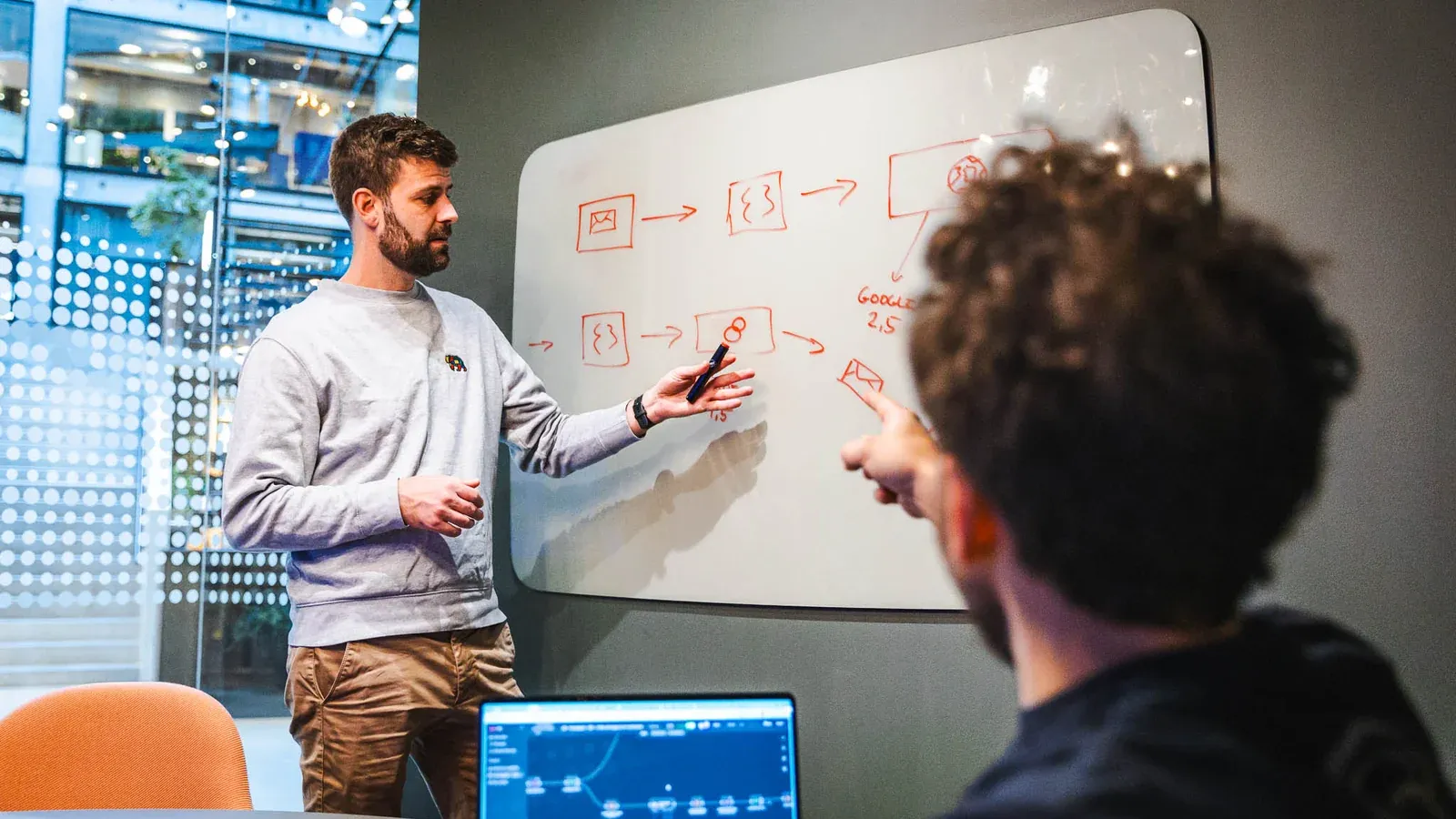 En underviser gennemgår et arbejdsflow ved et whiteboard, mens en deltager peger på tavlen.